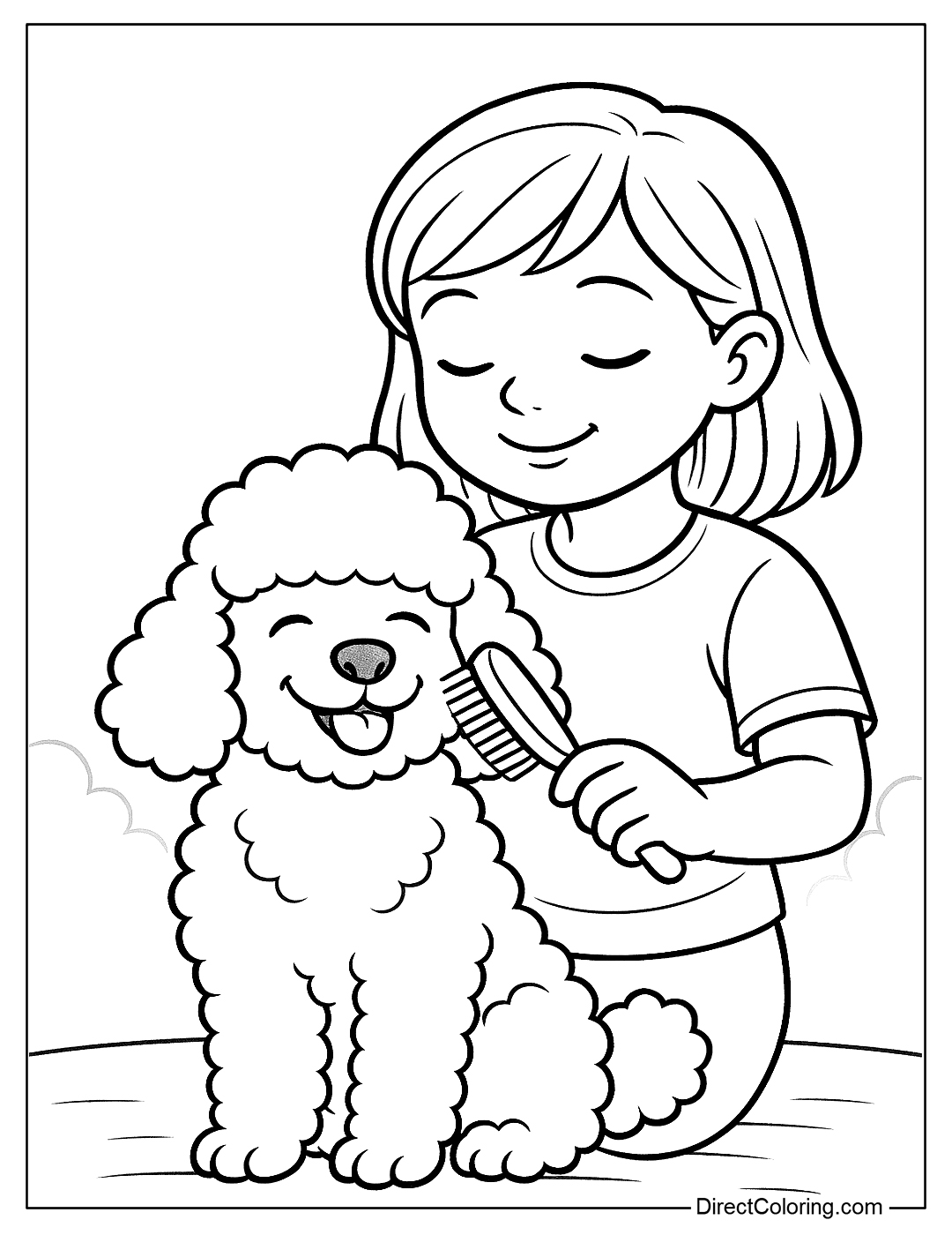 Cute Girl Brushing Poodle Coloring Page
